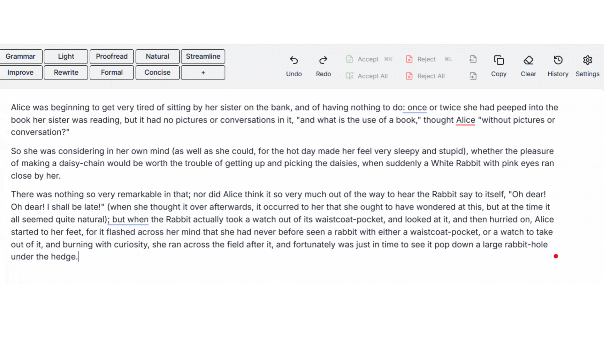 A GIF showing the process of rewriting text with editGPT's online editor