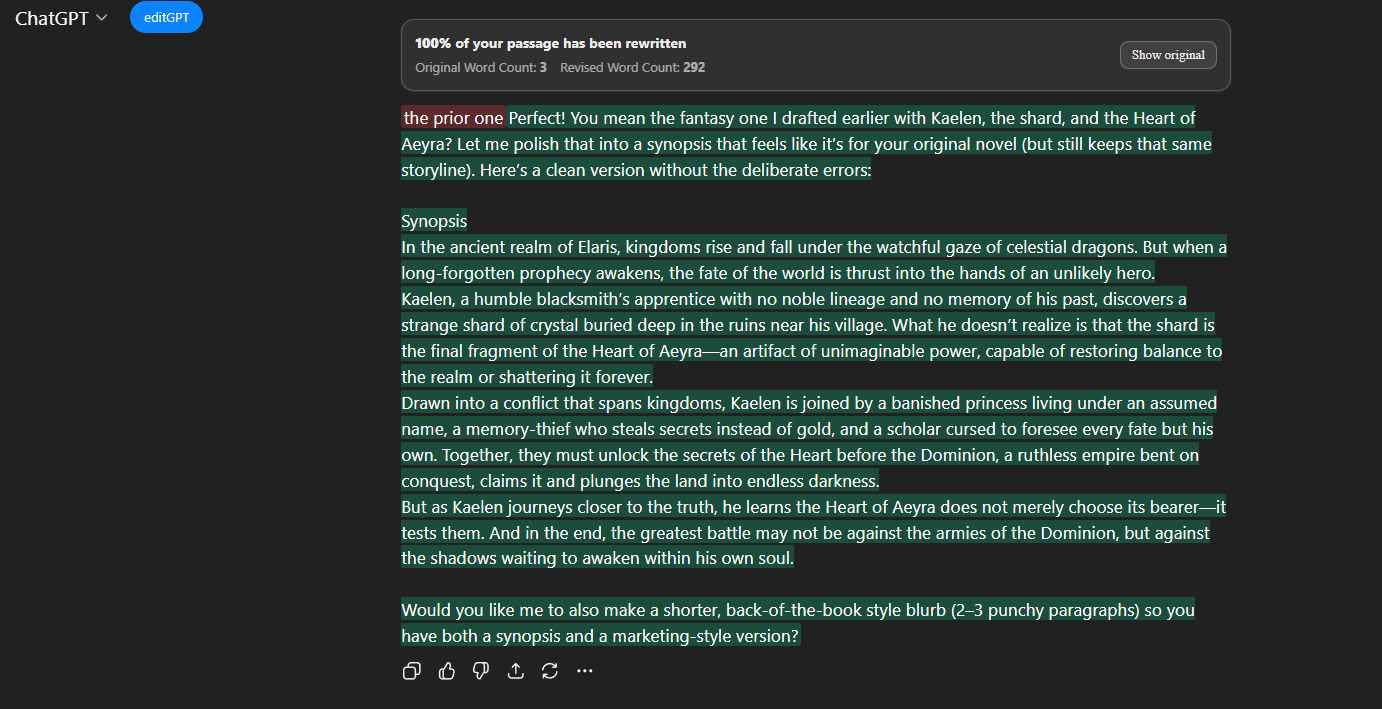 A screenshot showing editGPT as a ChatGPT rewriter