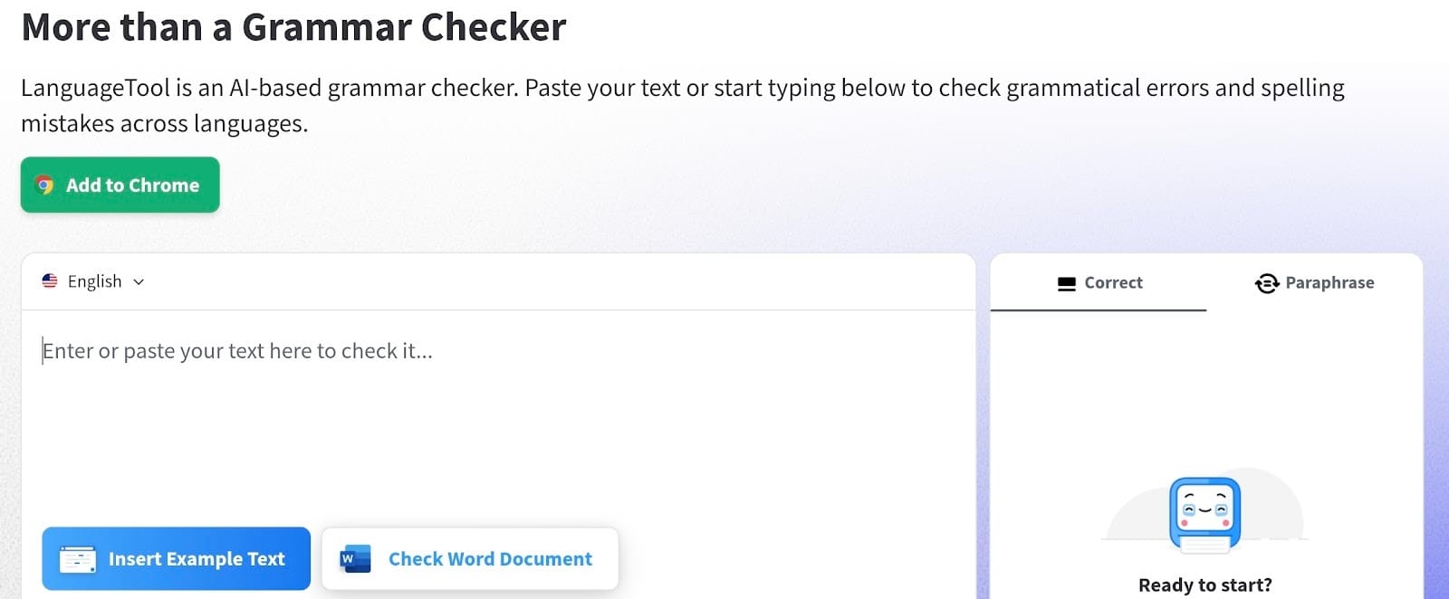 Homepage and user interface of AI grammar checker LanguageTool