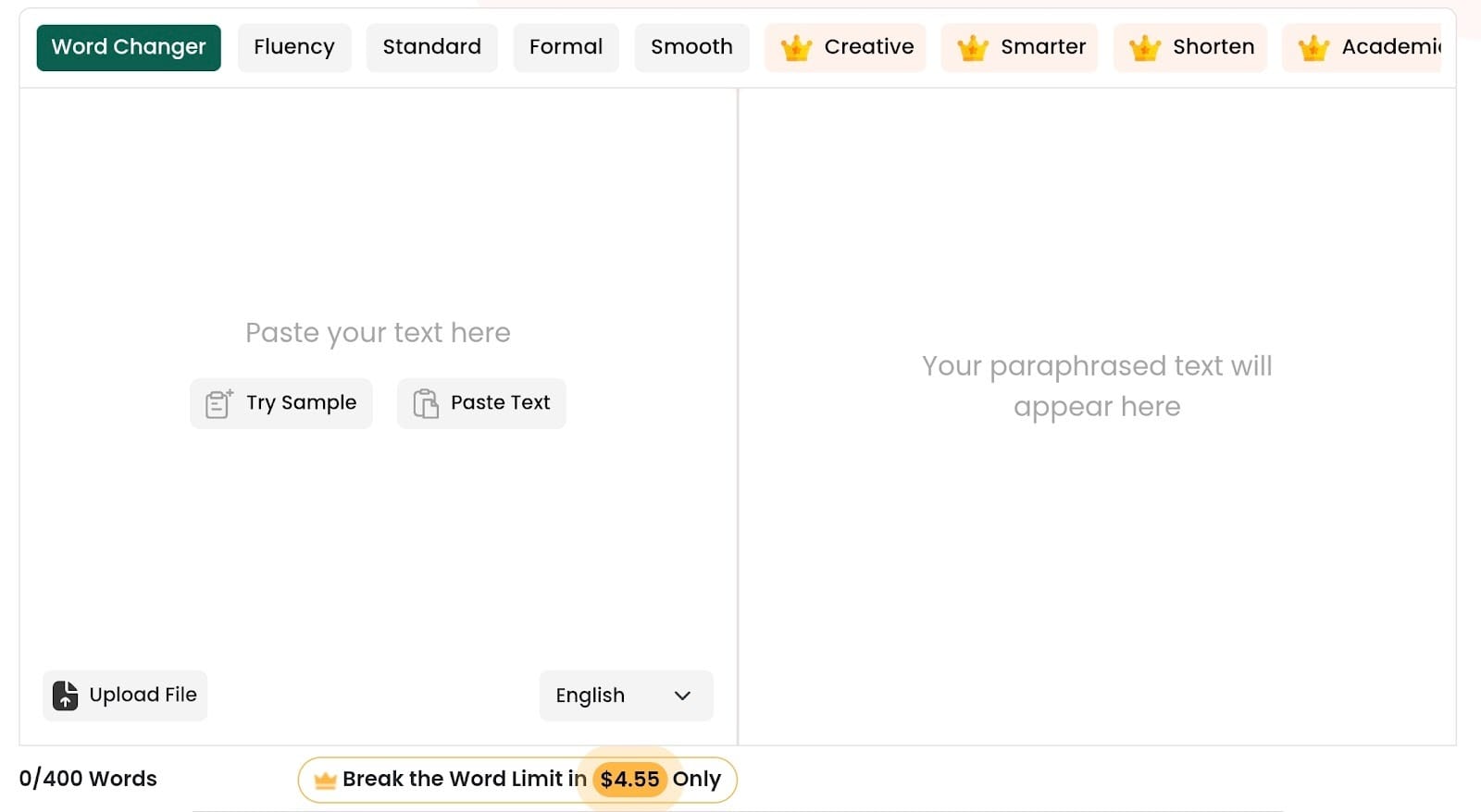The user interface of Paraphraser.io